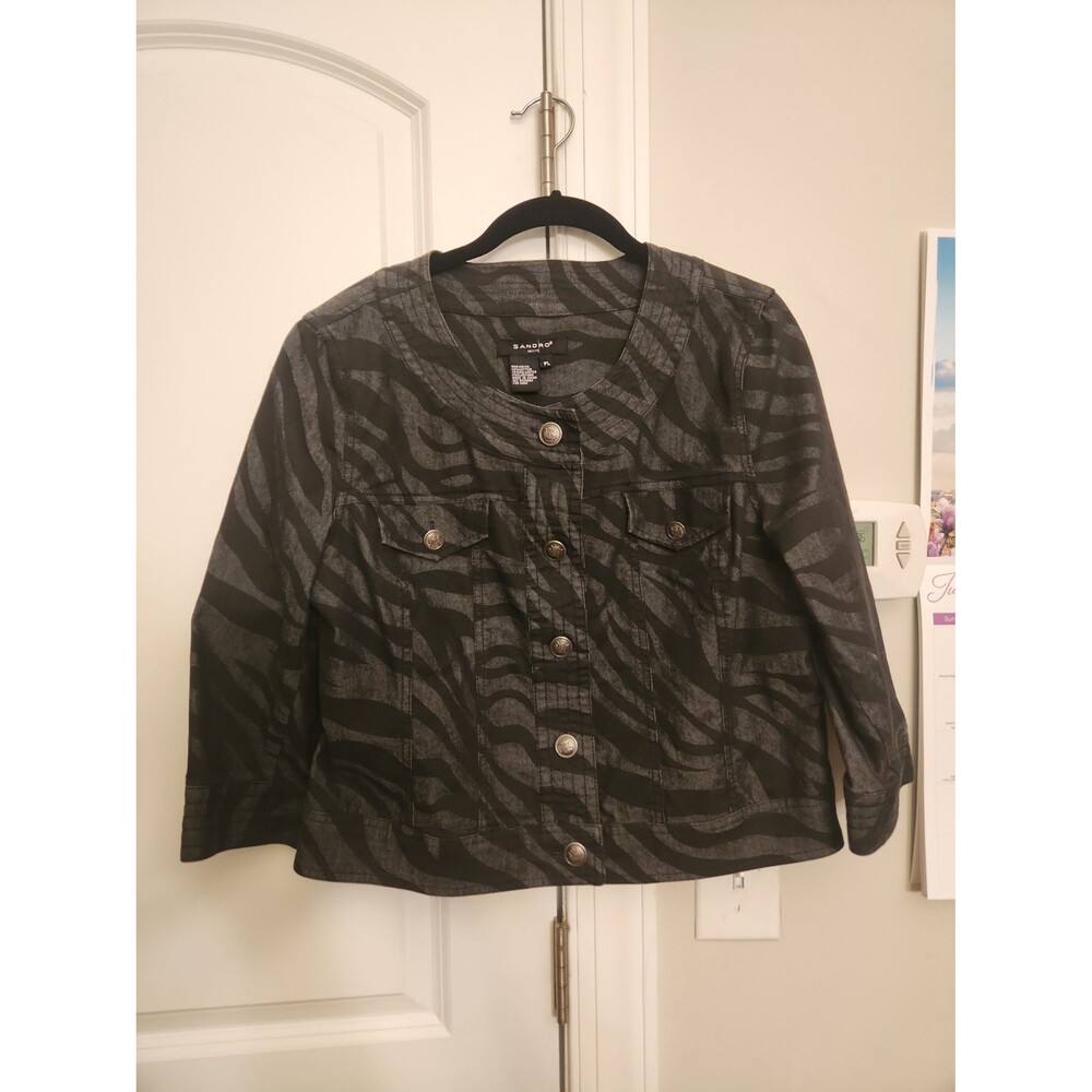Sandro Petite Black & Gray Zebra-Print Buttoned Jacket 3/4 Sleeves Size PL